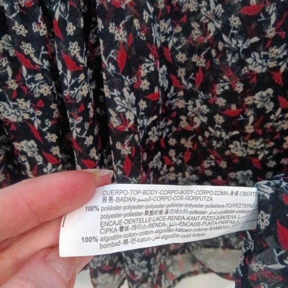 Zara Sheer Bohemian Floral Black Red White Lace Detail Flowy Peasant Top Sz S - Picture 6 of 8